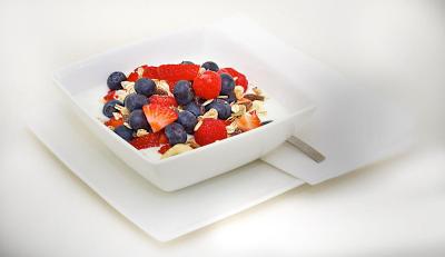 Healthy yoghurt with muesli for lunch. 